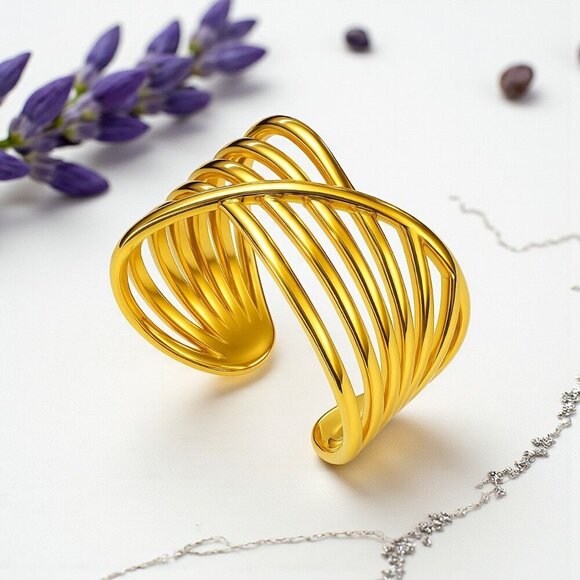 🆕 Modern Chic Crisscross Ring 18K Gold Plated Stainless Steel Adjustable Band - Picture 9 of 15